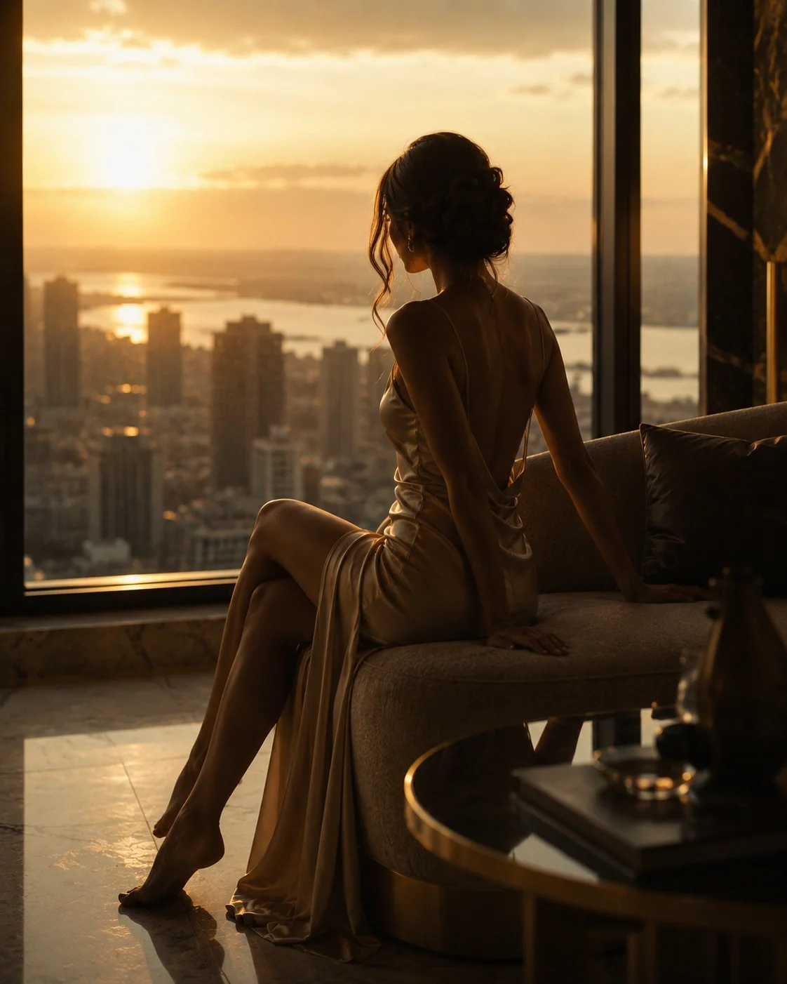 Elegant gekleidete Frau in einem Penthouse vor großer Fensterfront, goldener Sonnenuntergang über der Stadt