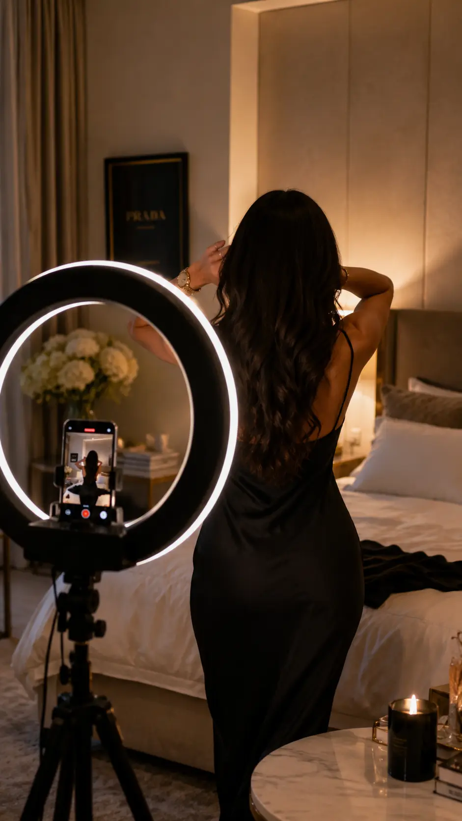 Creatorin im schwarzen Kleid filmt sich vor einem Ringlicht in einem warm beleuchteten Schlafzimmer
